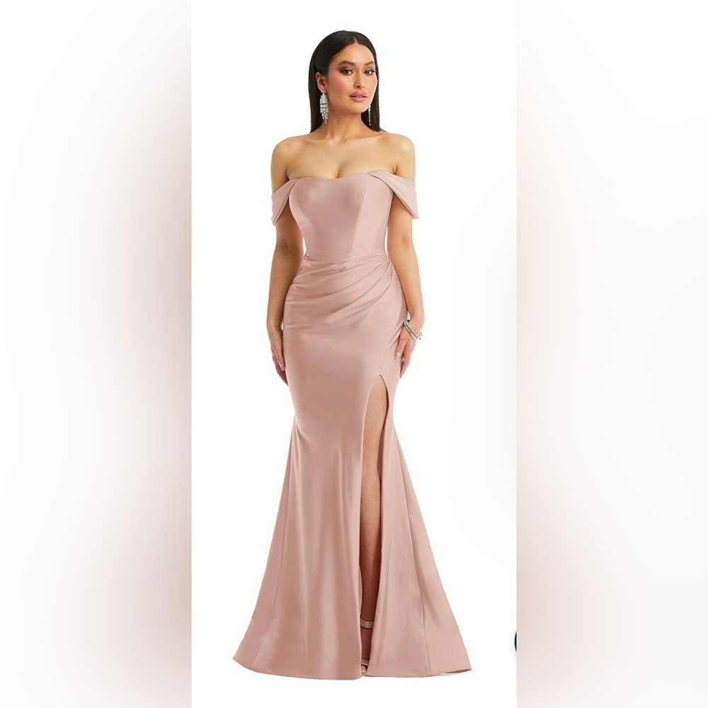 Cynthia & Sahar Off-The-Shoulder Corset Stretch Satin Mermaid Dress Nude